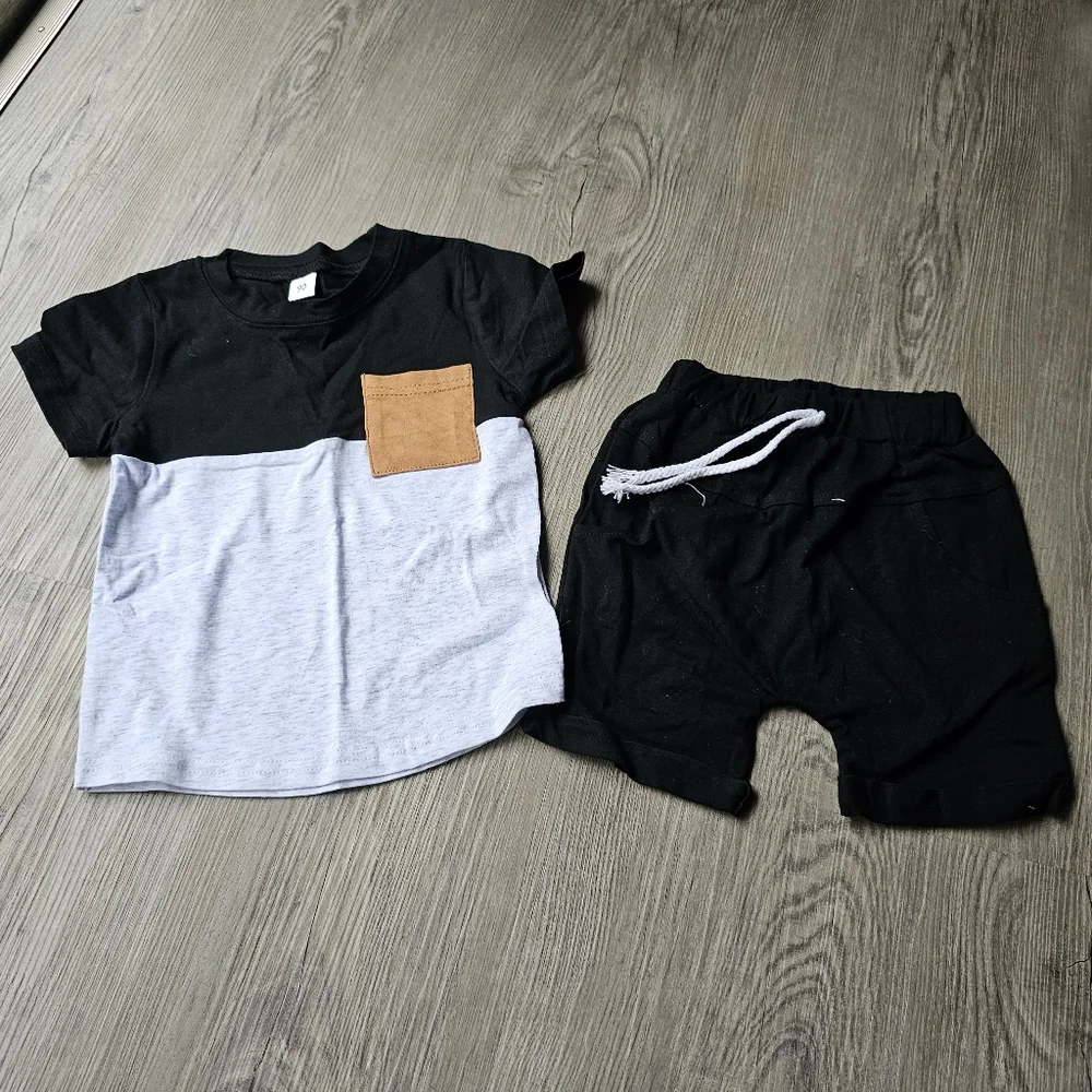 2T Black and Gray Colorblock Drawstring Shorts and Tee Outfit NWOT